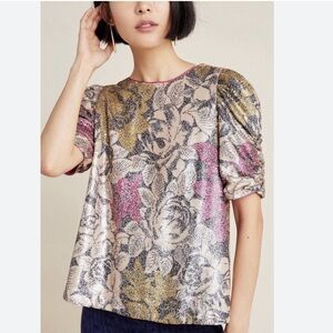 NWT Anthropologie Sequin Floral Puff Sleeve Top